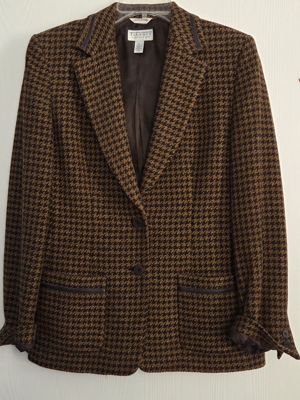 Talbots Brown Houndstooth Blazer with Brown Leather Trim